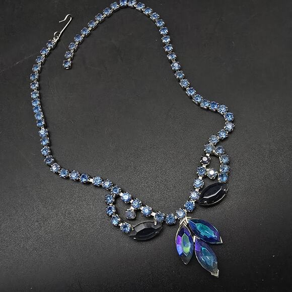 Blue Rhinestone Necklace Aurora Borealis Vintage Glam Jewelry - Picture 3 of 9